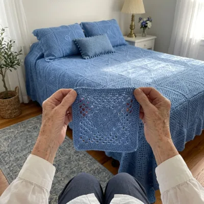 Blue Lace Square Bed Cover Crochet Pattern step 1 - construction progress