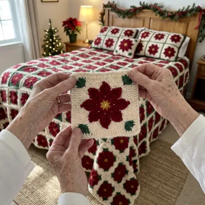 Christmas Poinsettia Square Bed Cover Crochet Pattern step 1 - construction progress