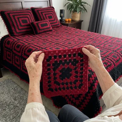Red Halloween Granny Square Bed Cover Crochet Pattern step 1 - construction progress