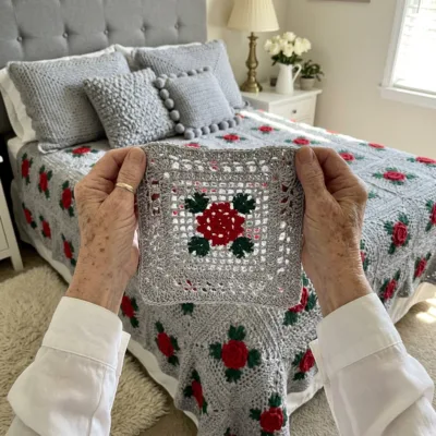 Gray Rose Lace Bedspread Crochet Pattern step 1 - construction progress