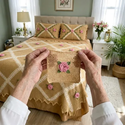 Rose Filet Lace Bed Cover Crochet Pattern step 1 - construction progress