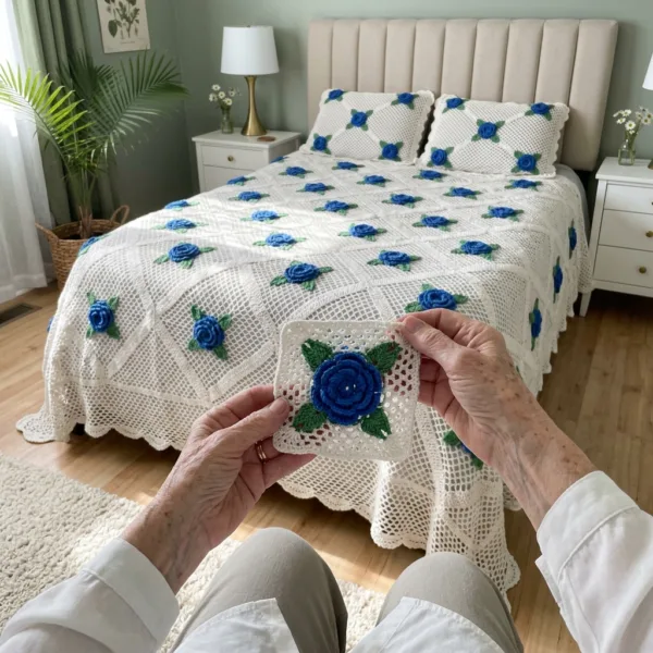 Blue Rose Filet Mesh Bed Cover Crochet Pattern