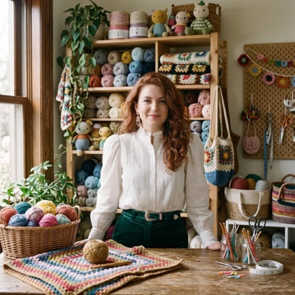 Amanda in her crochet studio surrounded by yarn